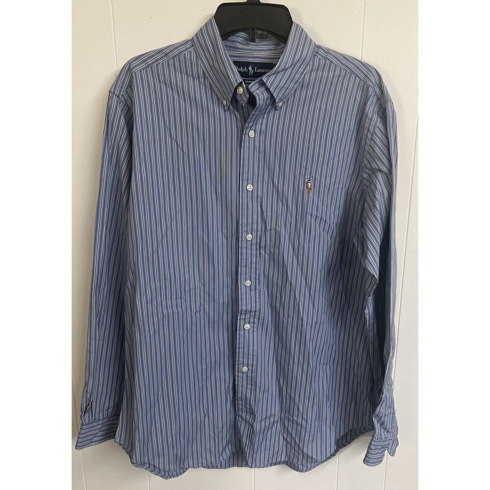 Vtg Ralph Lauren Button Shirt Mens Large Blue Stripe Color Pony Classic Fit Long